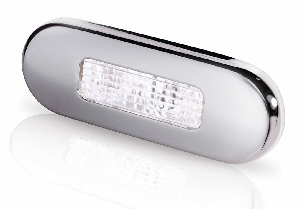 LED Surface Mount Oblong Courtesy Lamp - Polished Stainless Steel Rim - 12/24V DC - White Light