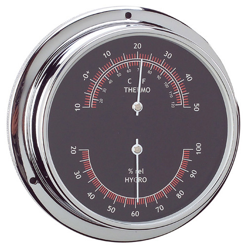 Thermometer & Hygrometer Combo With Black Face - Chrome Plated Brass - 95mm