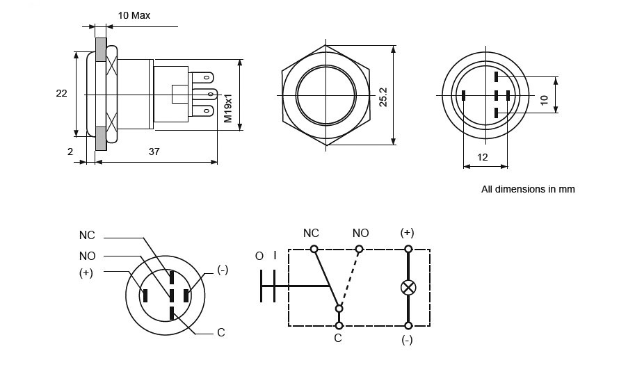 Switch - Push Button On/Off Ring Illumination - 12V Red