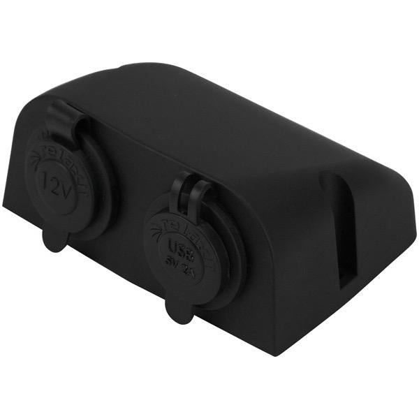 12V Surface Mount Black USB/Cigarette Charger Outlet Combo - 110(W) x 80(H) x 50(D)mm