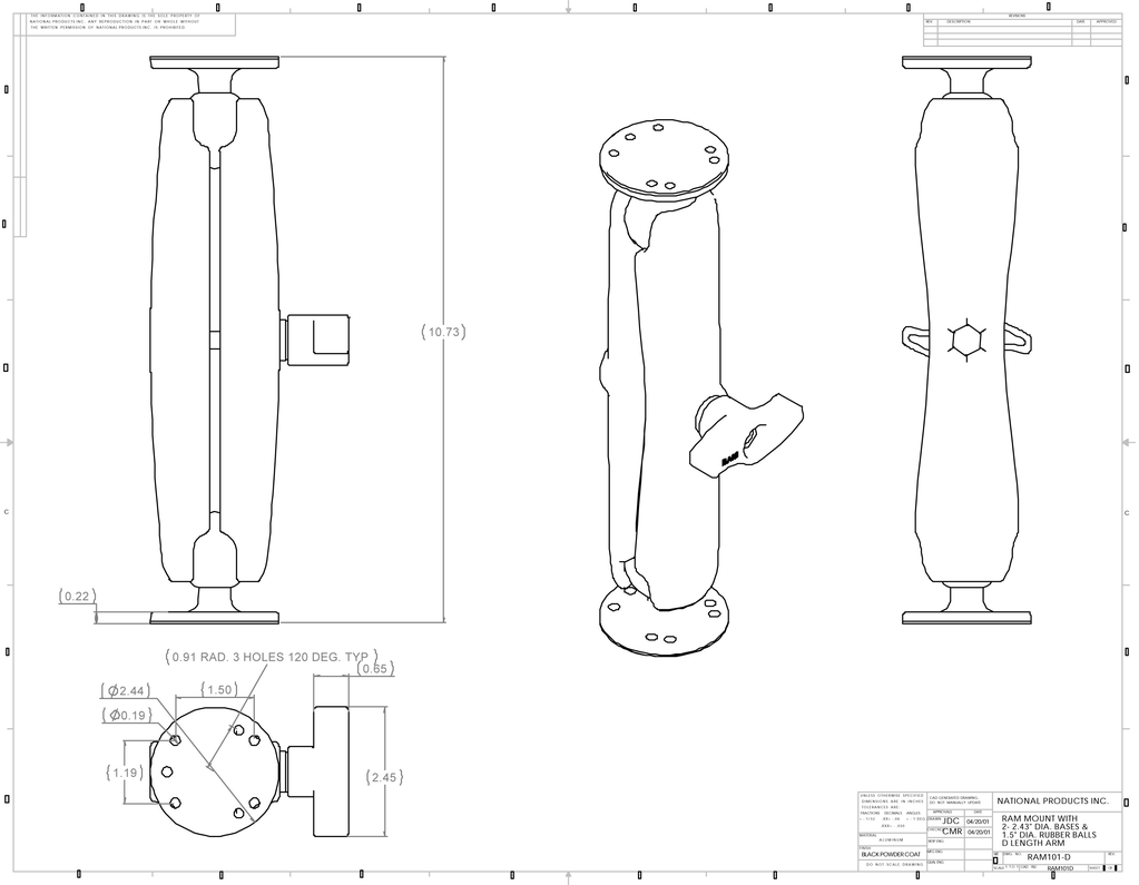 RAM C Size 1.5" Ball Mount with Long Double Socket Arm & 2 2.5" Round Plate with AMPs hole pattern
