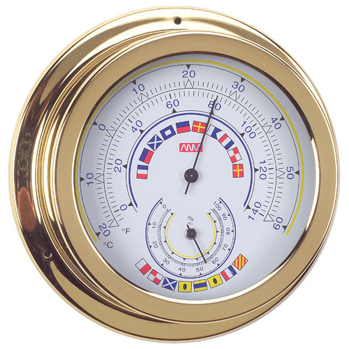 Thermometer & Hygrometer Combo With Flags - Polished Brass - 120mm