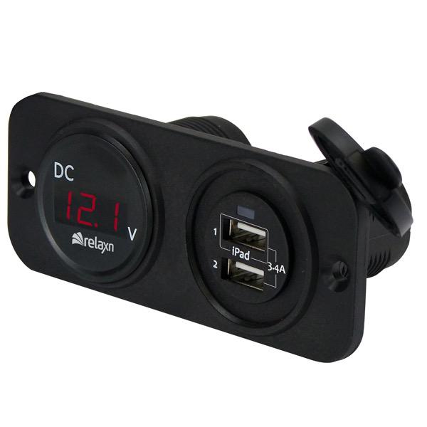12/24V Flush Mount Black Volt Meter/Dual USB Charger Outlet Combo - 105(L) x 60(W) x 43(H)mm