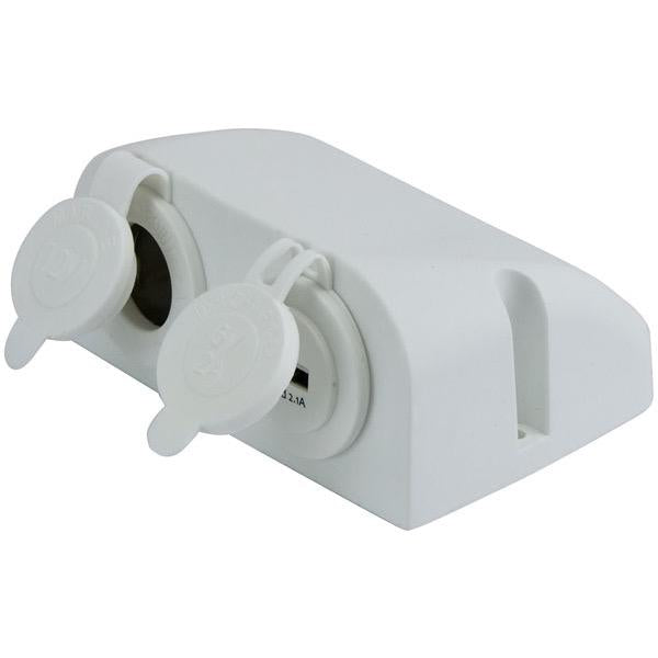 12V Surface Mount White USB/Cigarette Charger Outlet Combo - 110(W) x 80(H) x 50(D)mm