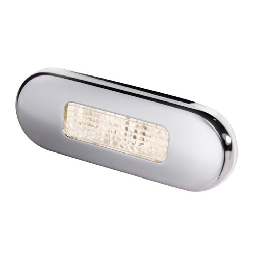 Led Oblong Warm White Step Lamp Polished Stainless Rim.