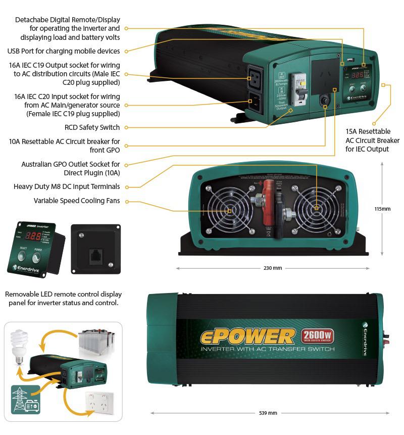 ePOWER True Sine Wave Inverter w/ AC Transfer & Safety Switch