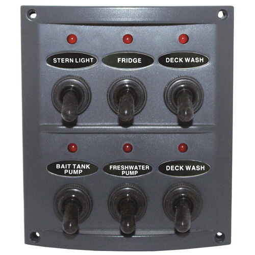 Splashproof Grey 6 Switch Panel with Red LED Indicators