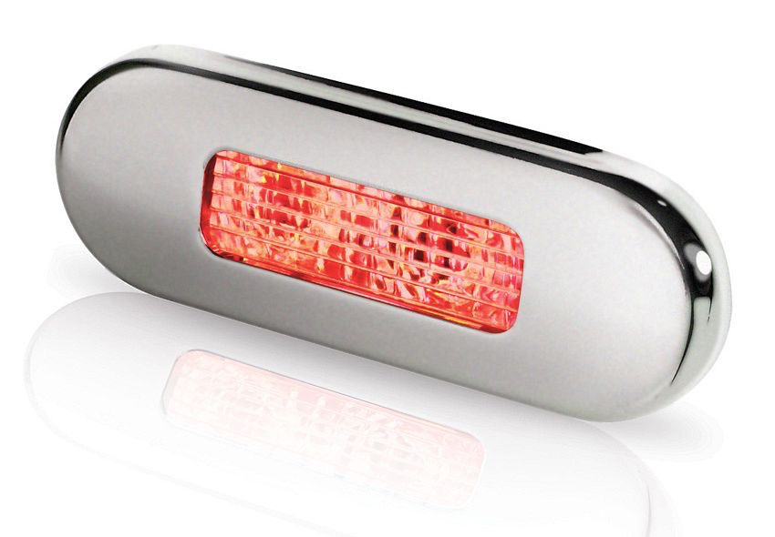 LED Surface Mount Oblong Courtesy Lamp - Polished Stainless Steel Rim - 12/24V DC - Red Light