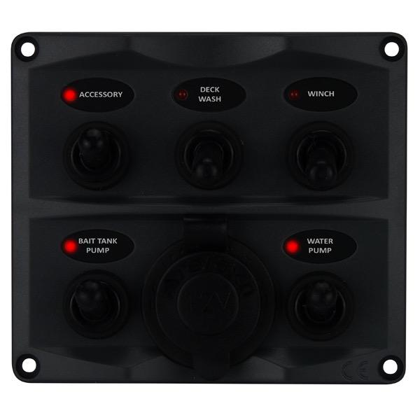 5 Switch Water Resistant Black Panel with Cigarette Lighter Socket - 107(W) x 96(H)mm