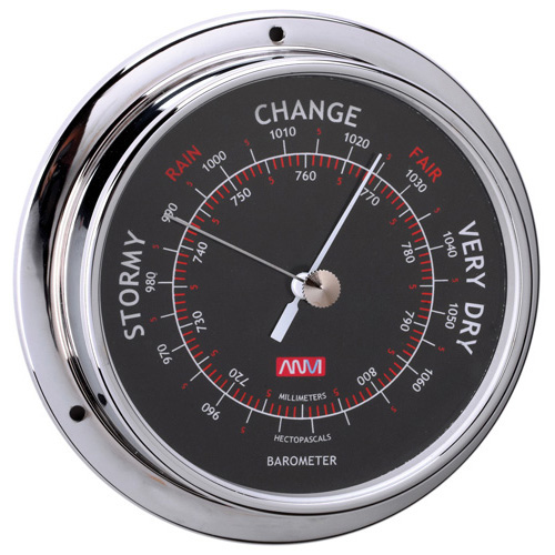 Barometer With Black Face - Chrome Plated Brass - 95mm