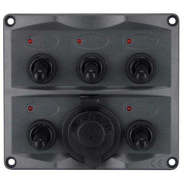 5 Switch Water Resistant Black Panel with Cigarette Lighter Socket - 107(W) x 96(H)mm