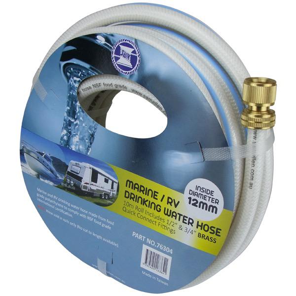 Drinking Water Hose w/ 2 Brass Quick Connect Fittings - 12mm x 10m - Per Roll